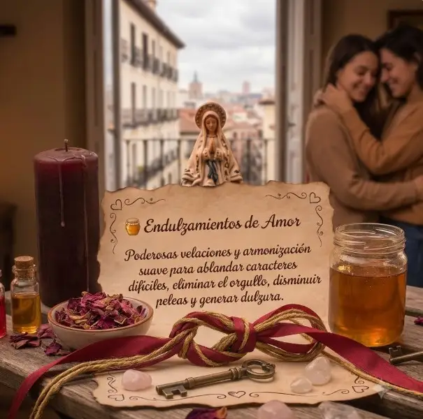 Altar de ritual de endulzamiento con tarro de miel, pétalos de rosa y pergamino, con fondo de dos mujeres enamoradas abrazándose.