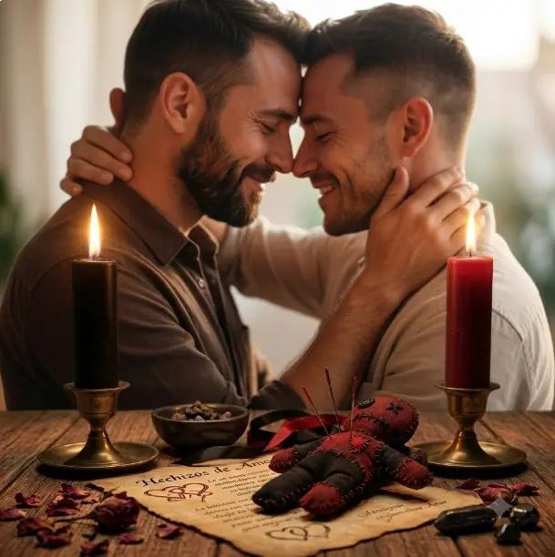 Ritual con muñeco vudú, velas negras y rojas sobre una mesa con un pergamino, y de fondo dos hombres abrazados cariñosamente.