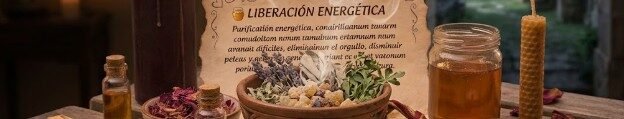 Mesa de altar con cuenco de sahumerio humeante, ruda, romero, palo santo, sal marina y pergamino para limpia espiritual.