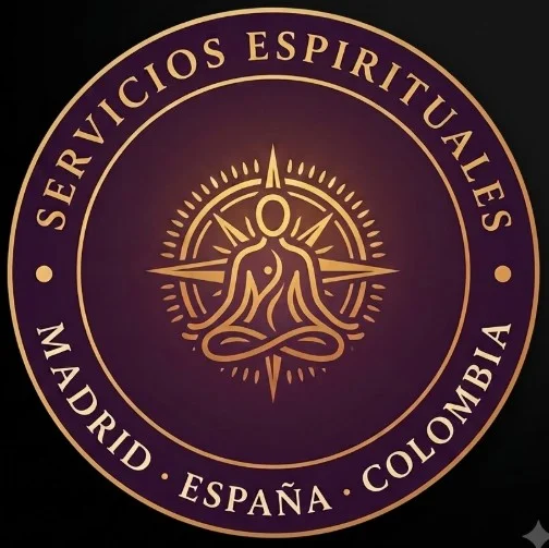 Logotipo circular en morado y dorado de Servicios Espirituales con figura meditativa central y texto Madrid España Colombia.